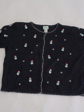 Vintage Quacker Factory Black Snowman Snowflakes Ugly Christmas Cardigan 2X